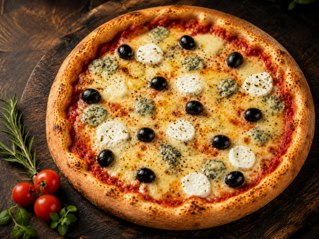 Quatre Fromages — Tomate, emmental, chèvre, bleu d'Auvergne, mozzarella, origan, olives